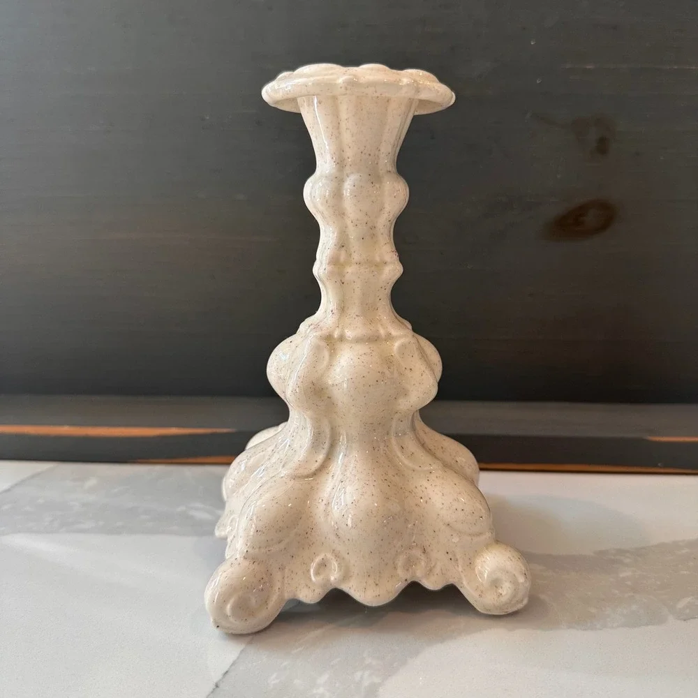 Vintage Holland Mold Ceramic Candlestick 7 In Speckled Cream Ornate Footed Taper